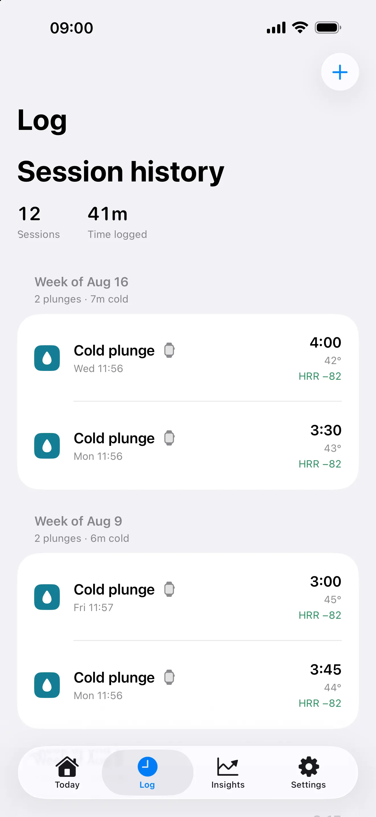 PlungeLab session history arranged by week with durations and recorded temperatures