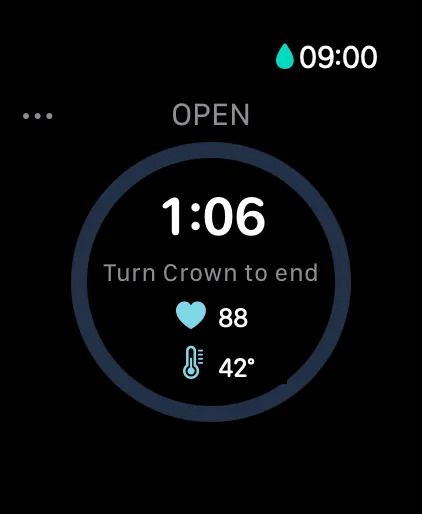 Live PlungeLab Apple Watch capture showing elapsed time, heart rate, and a temperature reading